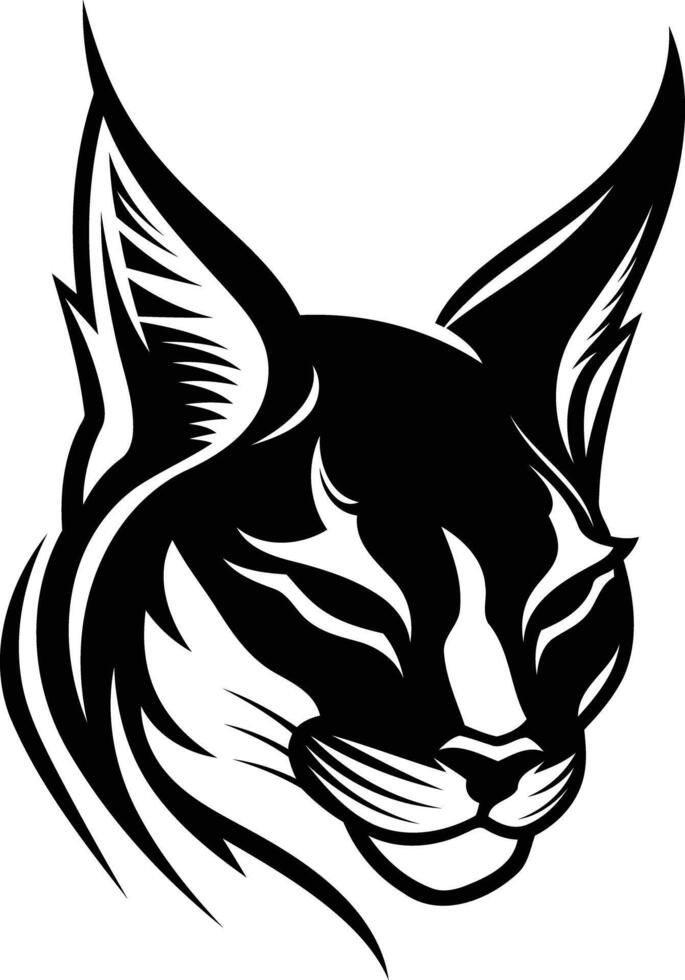 A bold, black and white illustration of a caracal cat head, perfect for logo designs, branding, and animal-themed graphics vector