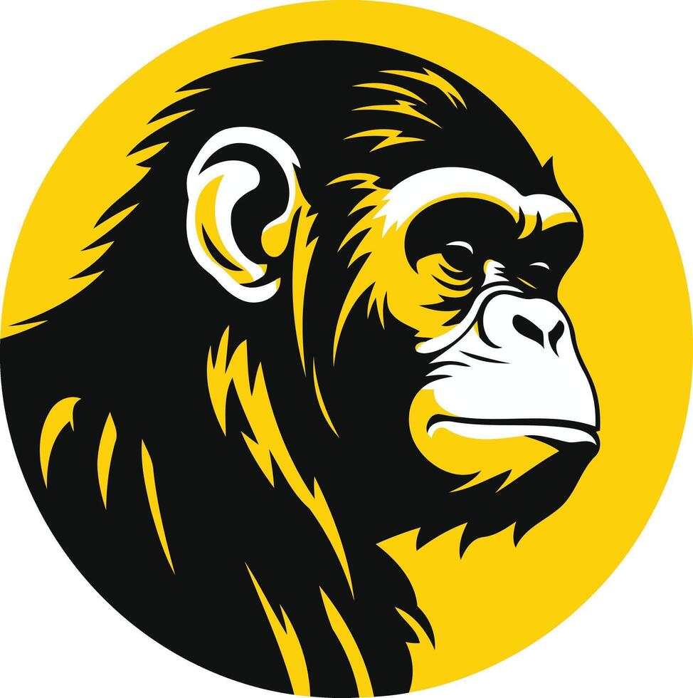 A bold and striking logo featuring a chimpanzee head in a yellow circle, ideal for businesses looking to convey strength, intelligence, and a connection to nature vector
