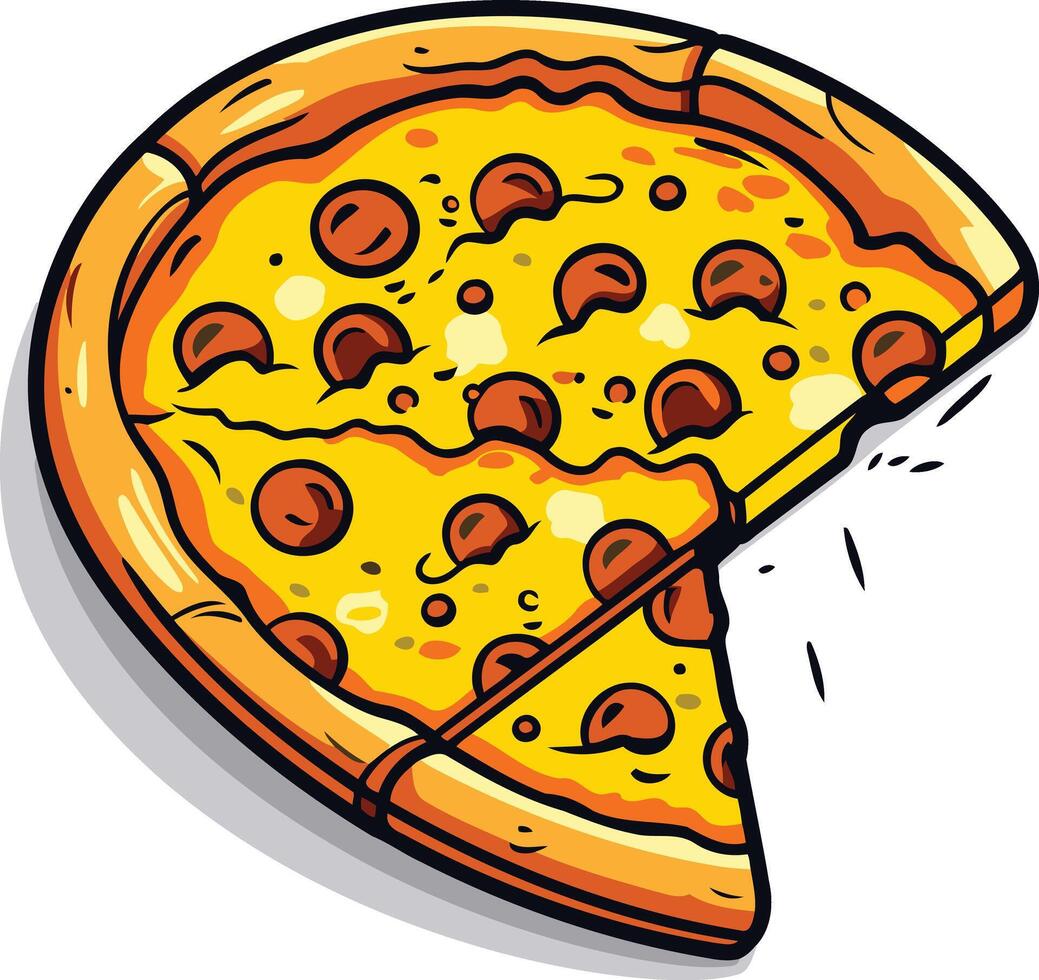 A delicious cartoon pizza with a slice missing, perfect for menus, social media, or any project needing a fun, appetizing touch vector