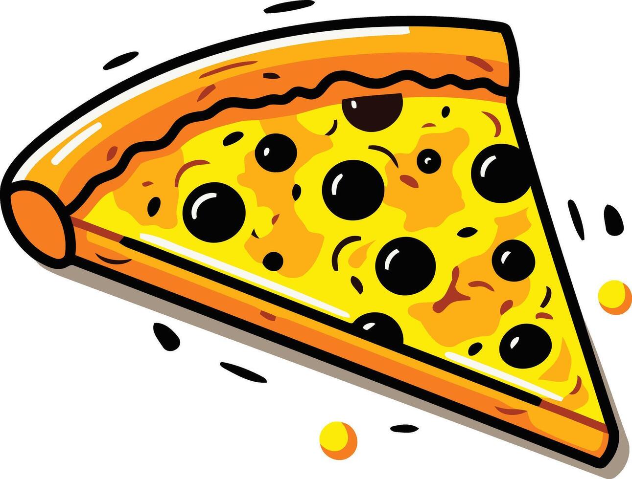 A single slice of pizza with black olives, cheese, and a yellow crust, depicted in a cartoon style vector