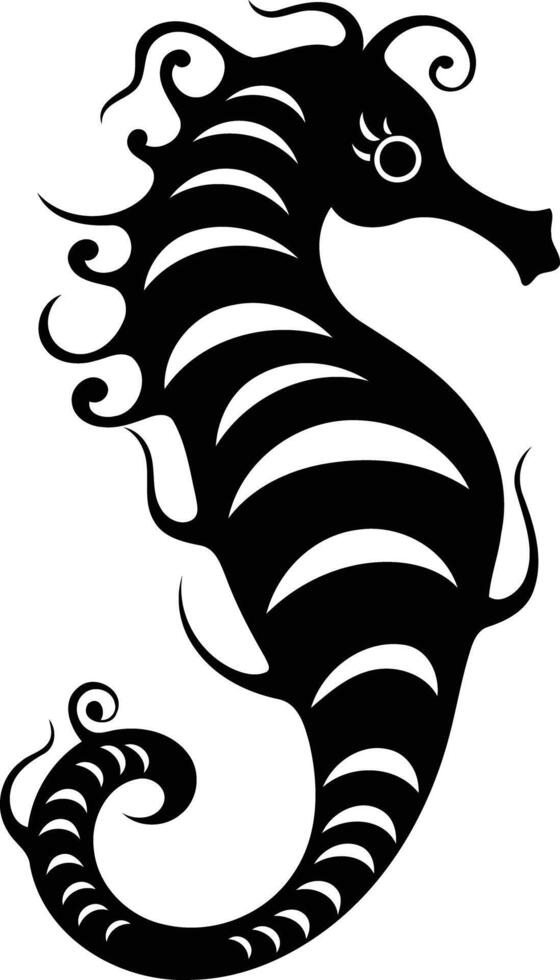 Stylish black and white illustration of a stylized seahorse, perfect for tattoo designs, marine-themed projects, and decorative purposes vector