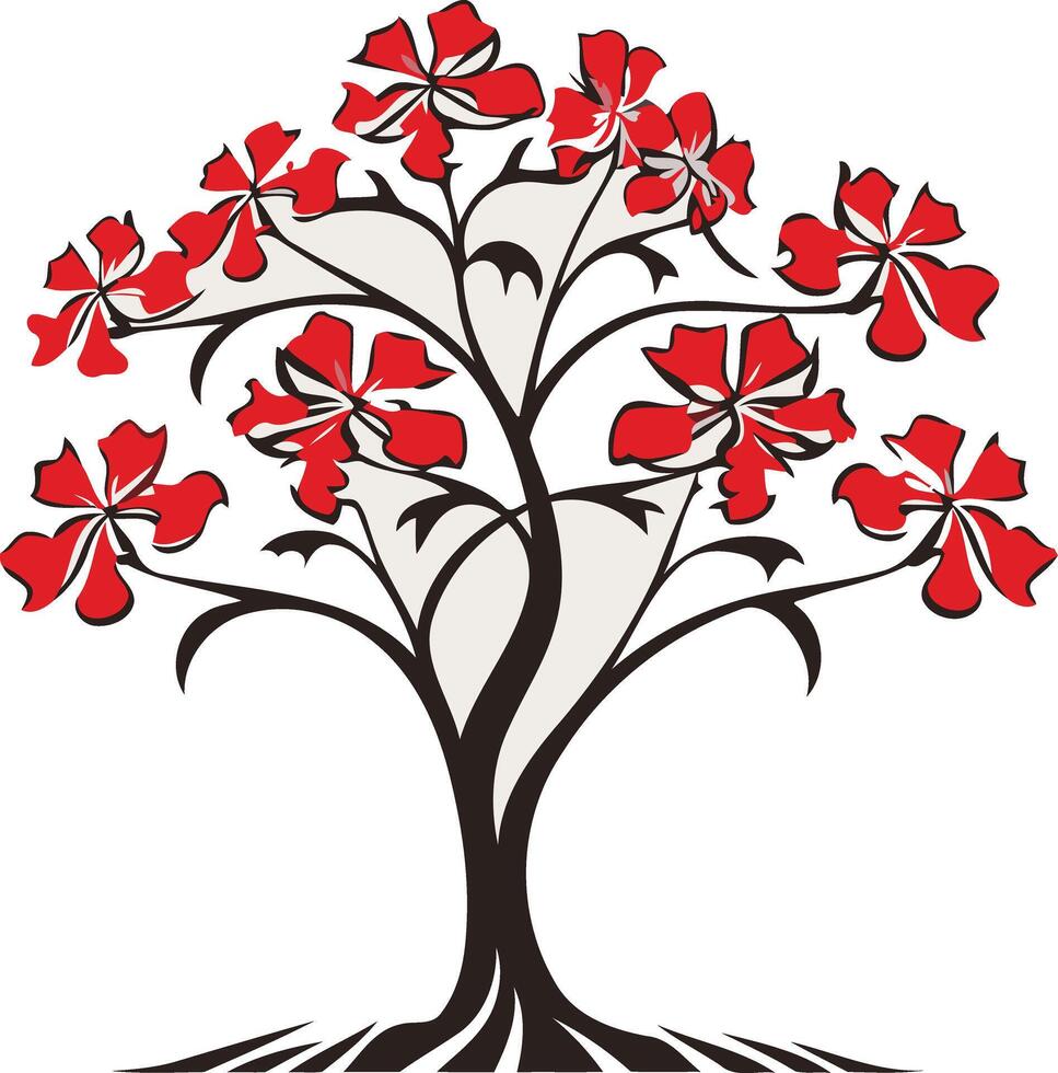 A stylized floral design featuring a tree with red flowers and black branches vector