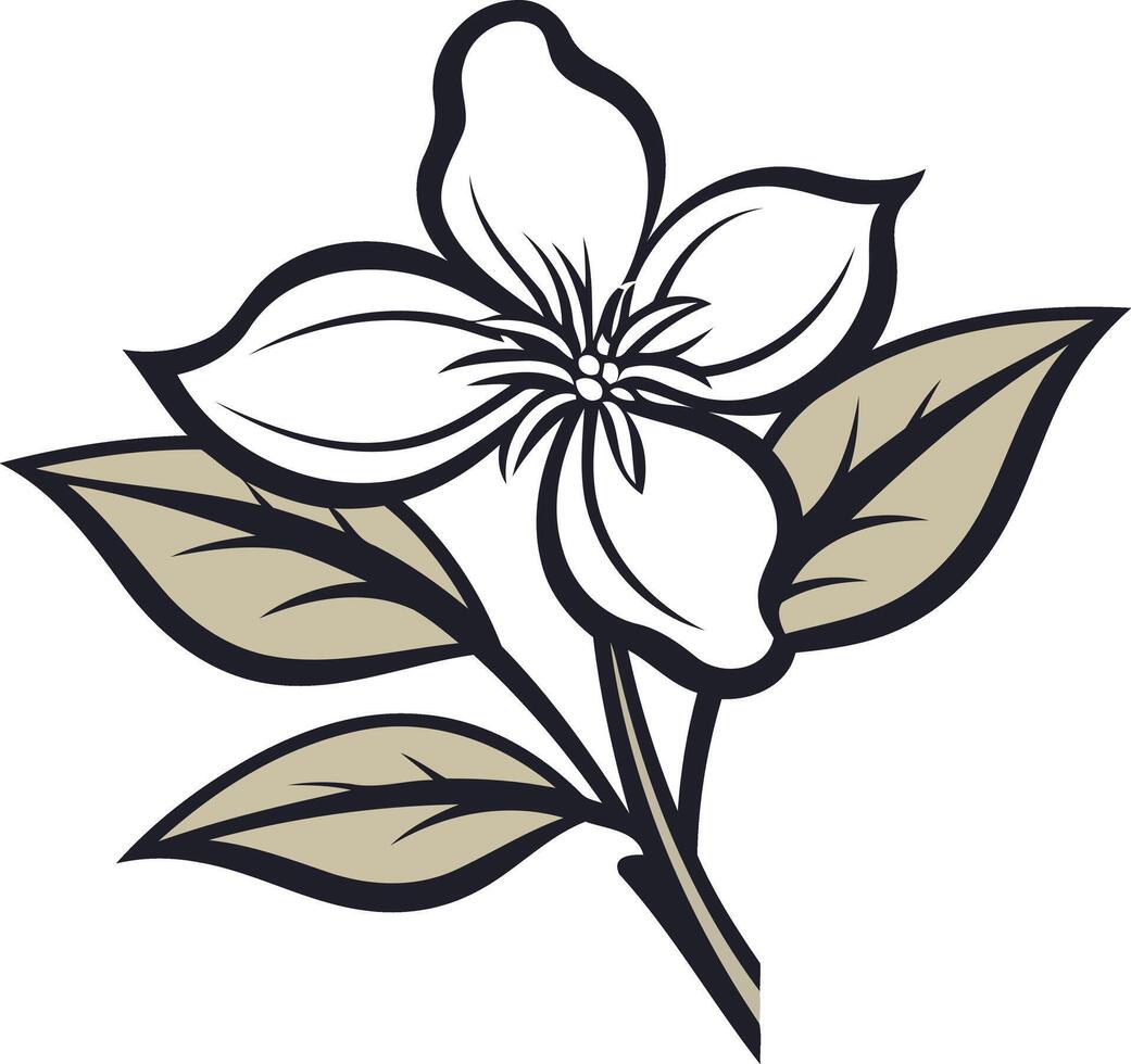 Elegant black and white illustration of a single blossom with leaves, perfect for branding, design, and print projects vector