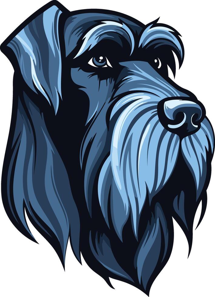 A striking portrait of a giant schnauzer, rendered in a bold, blue-toned style vector