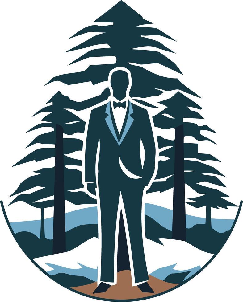 A sophisticated silhouette of a man in a tuxedo, standing tall amidst a serene forest setting vector