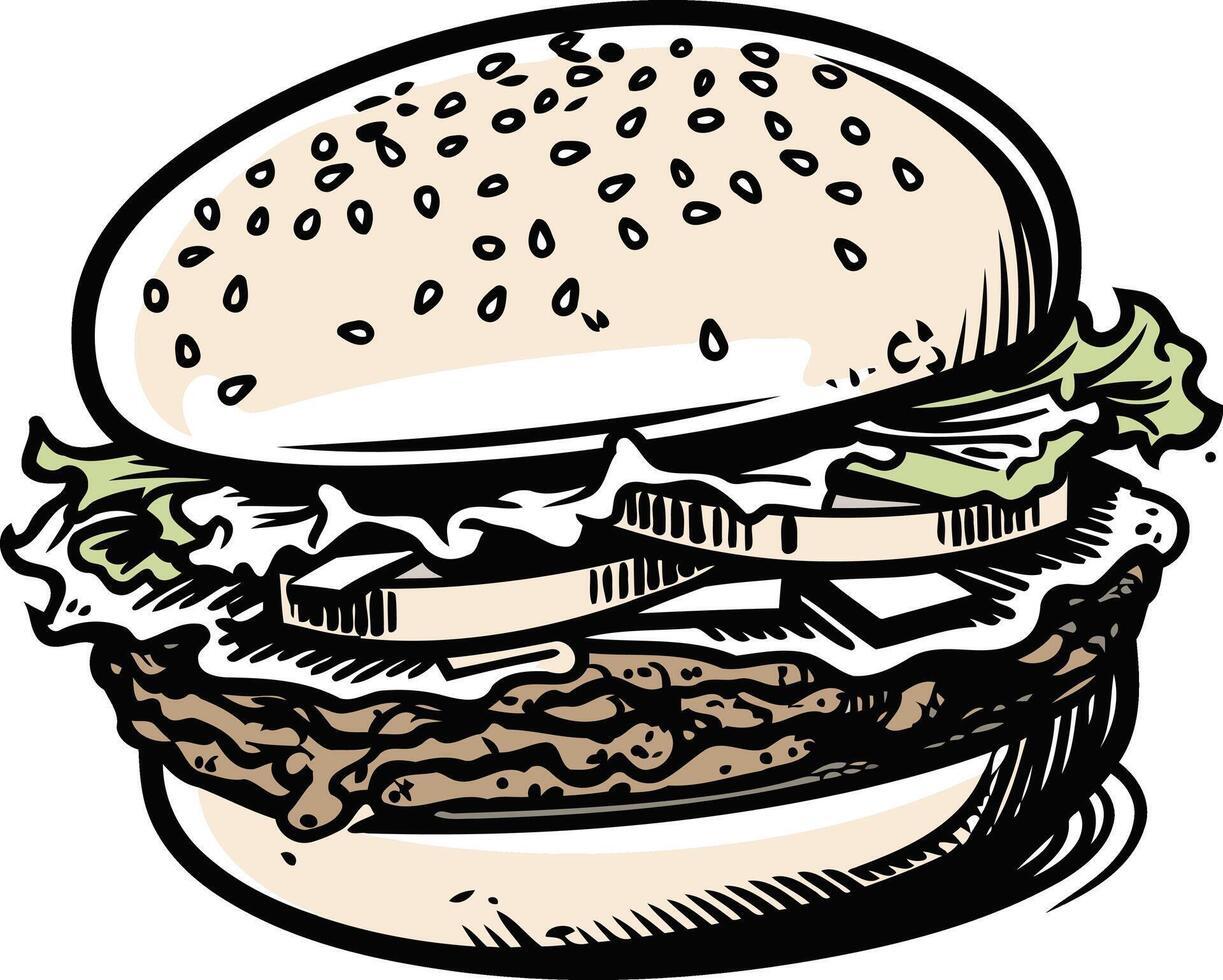 A hand-drawn illustration of a classic burger, perfect for menus, food blogs, and social media posts vector