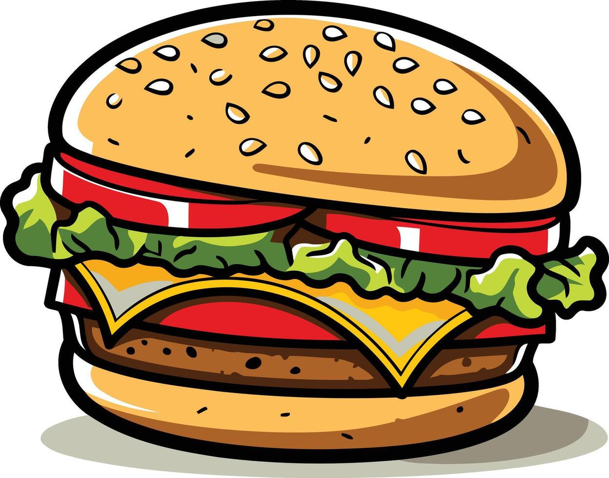A juicy, cartoon-style hamburger with cheese, lettuce, and tomato, perfect for menu design, food blogs, and social media vector