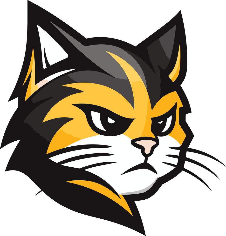 A fierce and determined cartoon cat mascot with black, yellow, and white fur vector