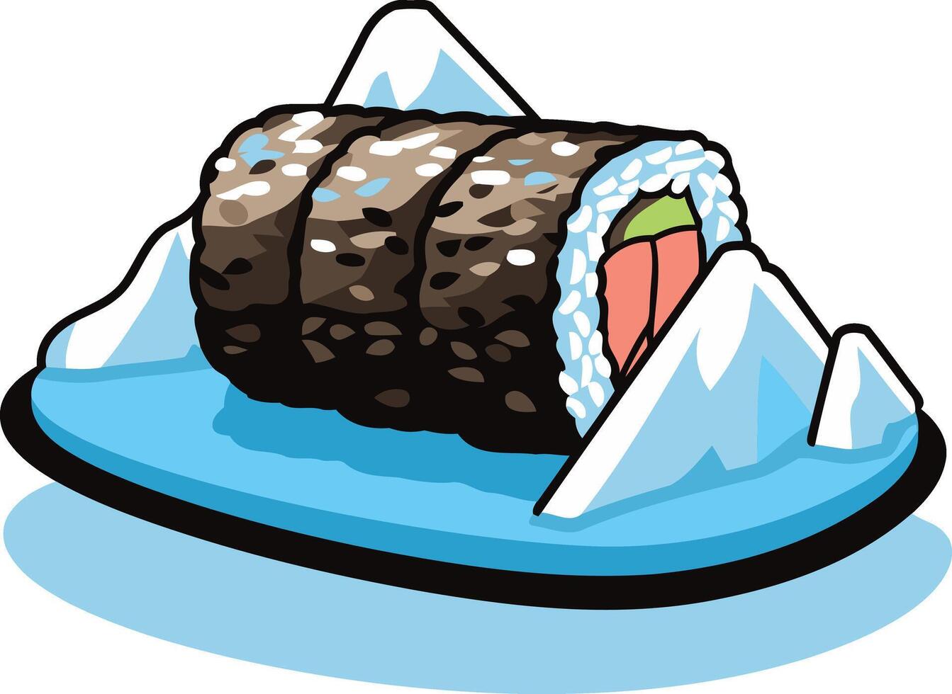 A playful illustration of a sushi roll served on a bed of ice, perfect for menu designs, social media, or branding related to sushi restaurants, food blogs, and japanese culture vector
