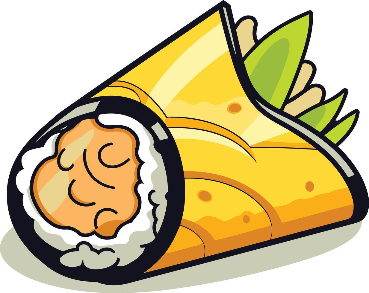 A fun, cartoon-style illustration of a sushi burrito vector