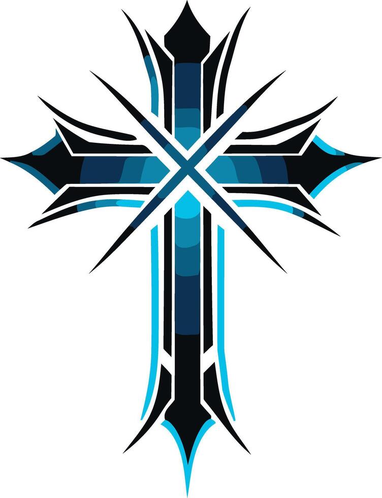 A bold and stylized black and blue cross design vector