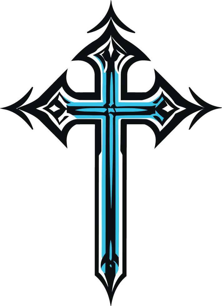 A bold, stylized blue and black cross design with intricate details vector