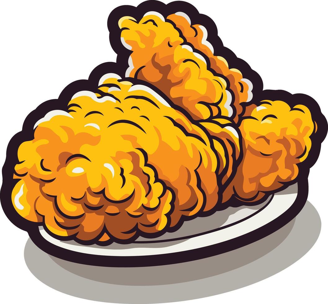 A cartoon illustration of two crispy fried chicken drumsticks on a white plate vector