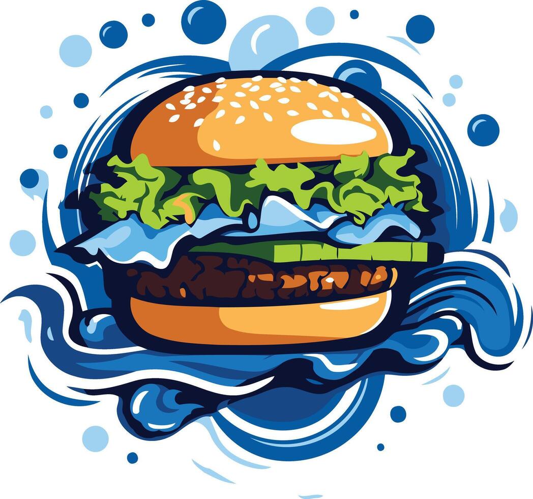 A vibrant illustration of a juicy burger with lettuce, tomato, and a sesame seed bun, surrounded by a swirling, blue wave design vector