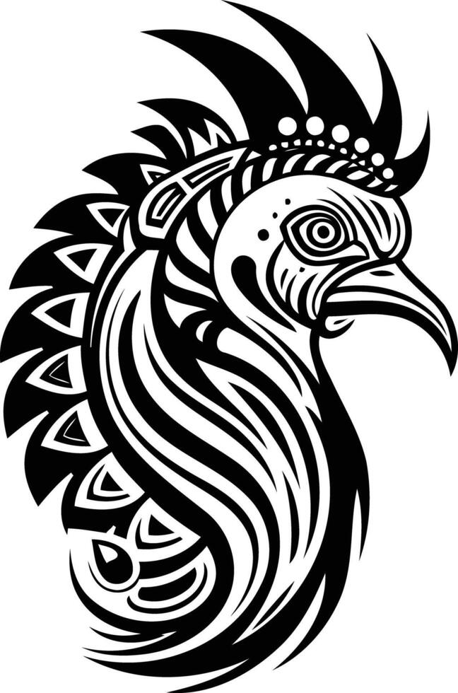 Intricate tribal tattoo design of a rooster head in black and white vector