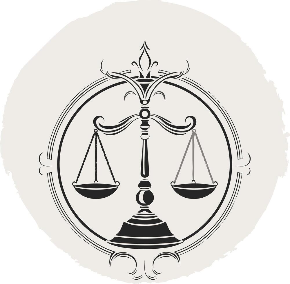 Elegant black and white illustration of a stylized scales of justice within a circular frame vector