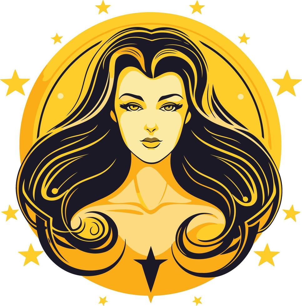 A stylized illustration of a beautiful woman with long, flowing hair, surrounded by stars, symbolizing feminine power, beauty, and cosmic energy vector