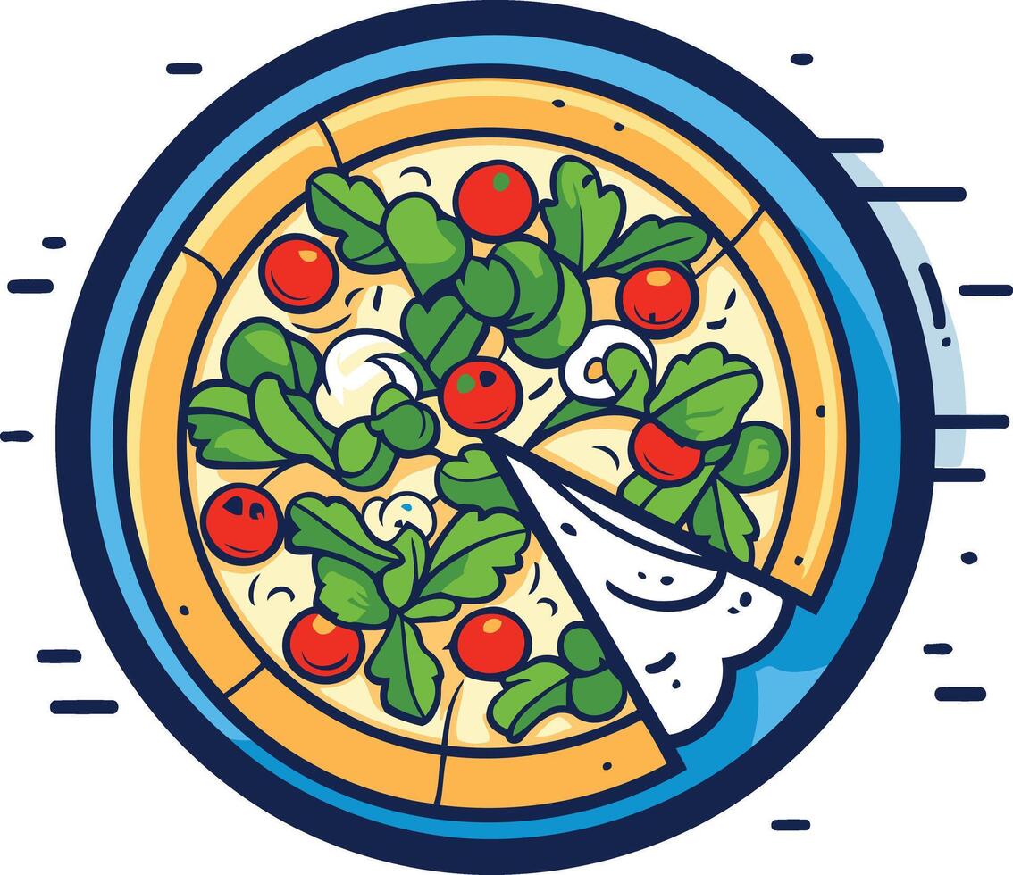 A colorful and playful illustration of a delicious pizza with a single slice removed vector