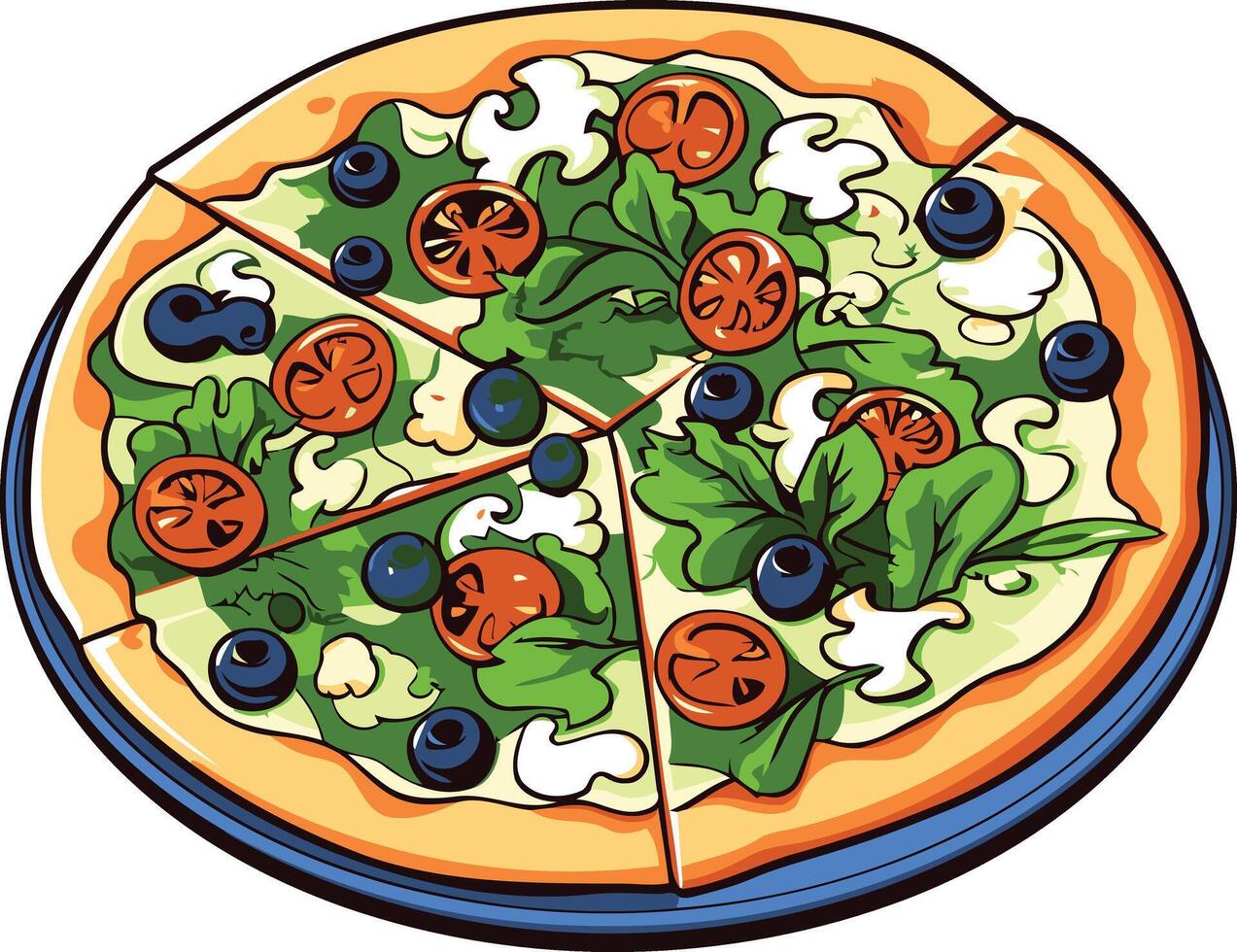 A delicious, cartoon-style pizza with blueberries, tomatoes, and spinach toppings vector