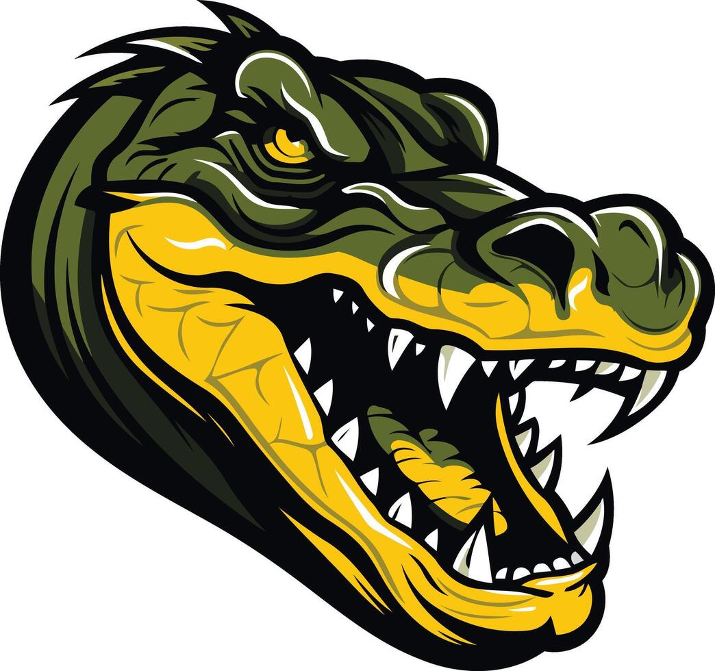 A fierce and powerful alligator mascot head with a menacing expression, perfect for sports teams, brands, or any project needing a strong, intimidating logo vector