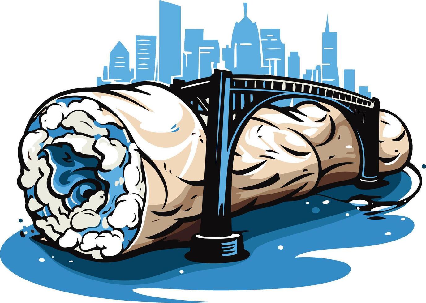 A playful and creative illustration of a giant sushi roll transformed into a bridge, with a city skyline in the background vector