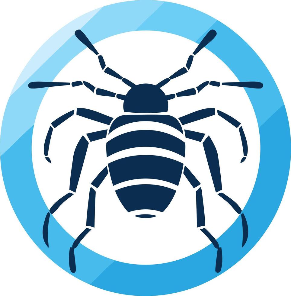 A bold and stylized silhouette of a bug within a blue circle, perfect for pest control businesses, warning signs, and nature-themed designs vector