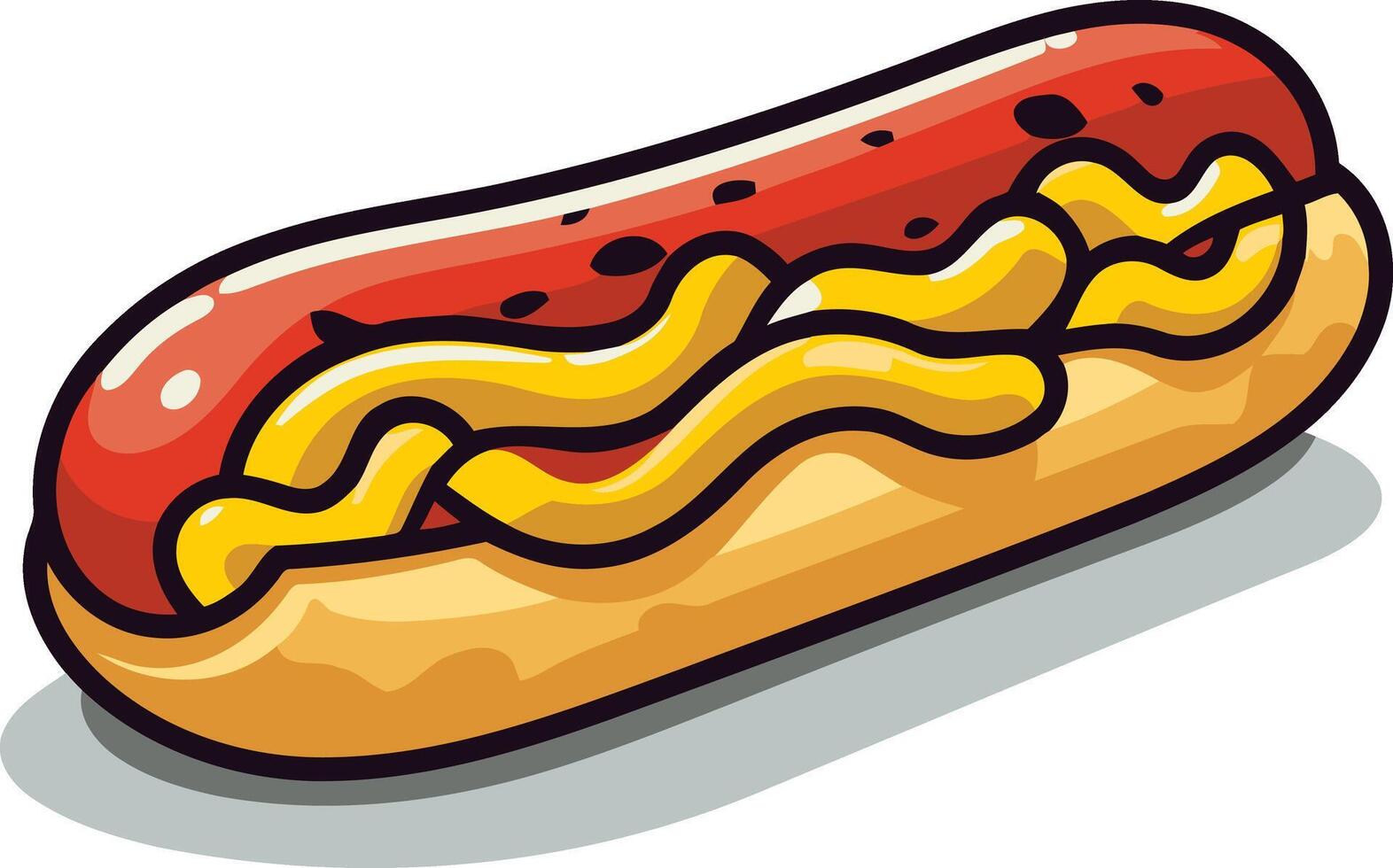 A cartoon hot dog with mustard and ketchup, perfect for branding, packaging, or social media content related to food, restaurants, or casual dining vector