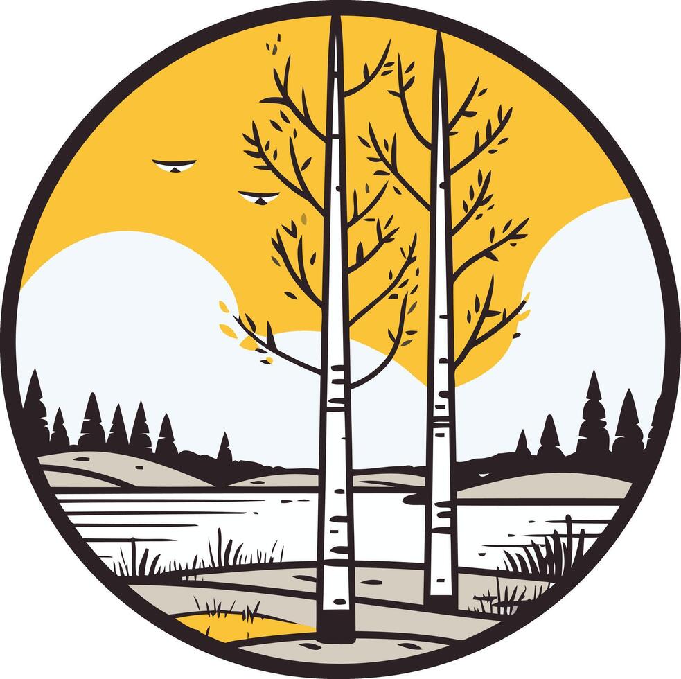 A minimalist and stylish logo design featuring two birch trees by a lake, perfect for nature themed brands and businesses vector