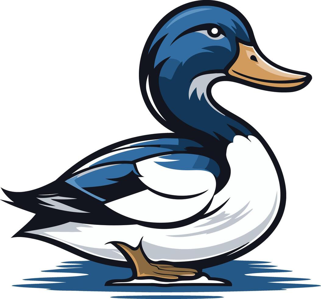 A friendly cartoon duck with blue and white feathers, standing on a blue surface vector