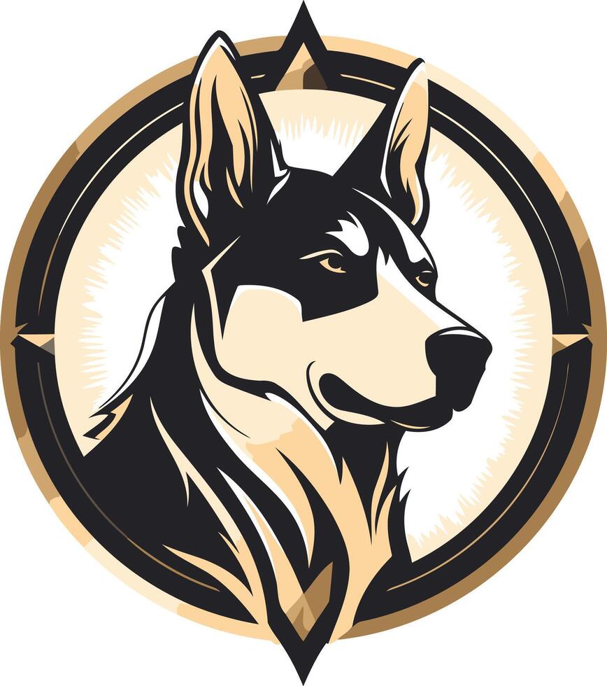 A bold and striking logo featuring a proud german shepherd head within a circular compass design vector