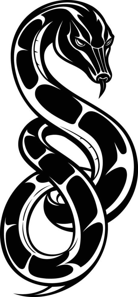 Black and white illustration of a coiled snake with a sharp, angry expression vector