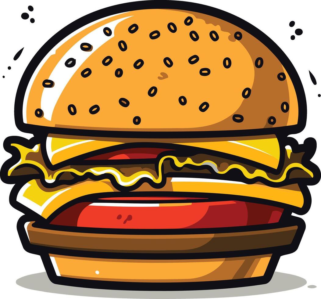 A cartoon illustration of a juicy burger with cheese, lettuce, and tomato vector