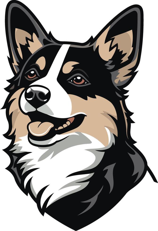 Cute and friendly cartoon illustration of a black and white corgi with a playful expression, perfect for pet-related branding or merchandise vector
