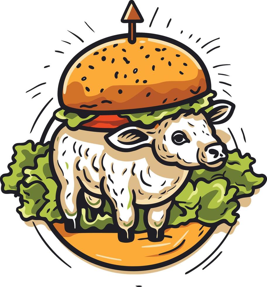 A playful and humorous illustration of a cute lamb wearing a hamburger bun as a hat, perfect for food-related businesses and branding vector