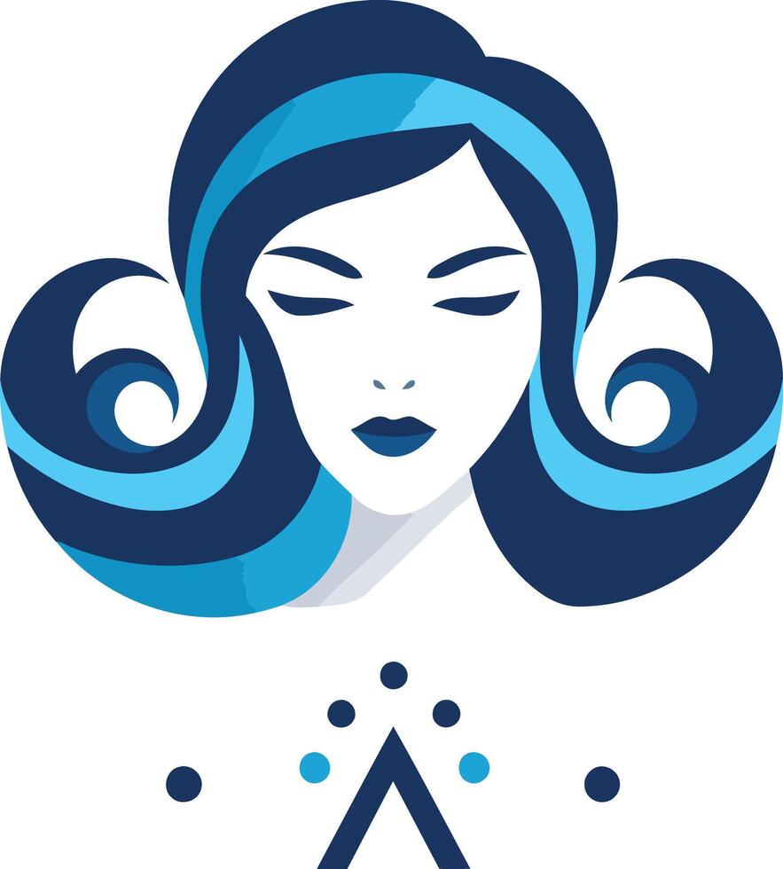 A stylized, minimalist logo of a woman with closed eyes, featuring abstract blue hair and a triangle with dots vector