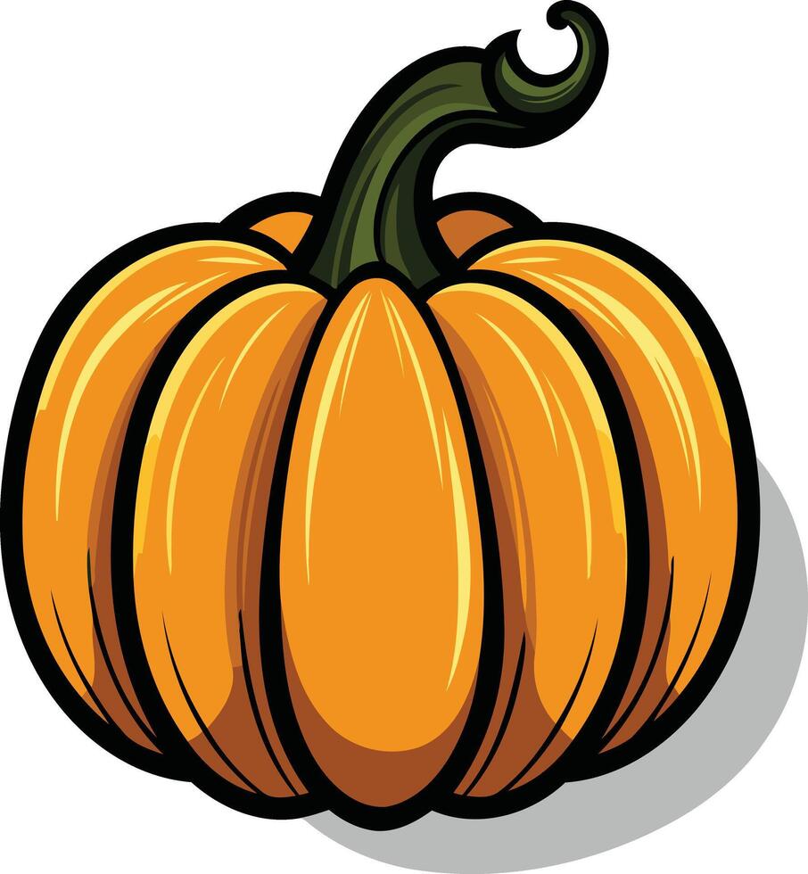 A cheerful, cartoon-style pumpkin with a bright orange hue and a green stem vector