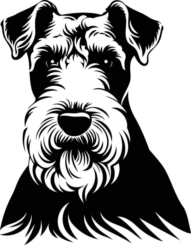 A striking black and white silhouette of a wirehaired fox terrier, looking directly at the viewer vector