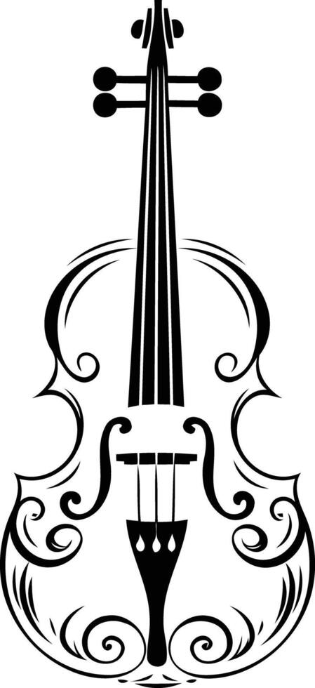 Elegant black and white violin illustration with intricate swirling details, perfect for music-related designs, logos, or artistic projects vector