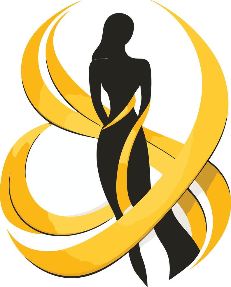 Elegant logo featuring a silhouette of a woman wrapped in flowing golden ribbons, perfect for beauty, fashion, and feminine brands vector