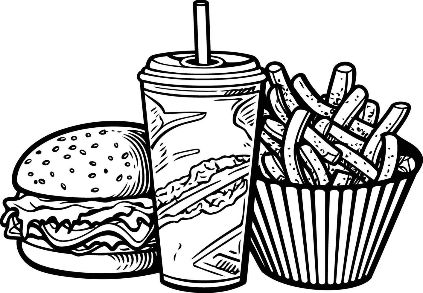 A classic black and white illustration of a hamburger, fries, and a soft drink vector
