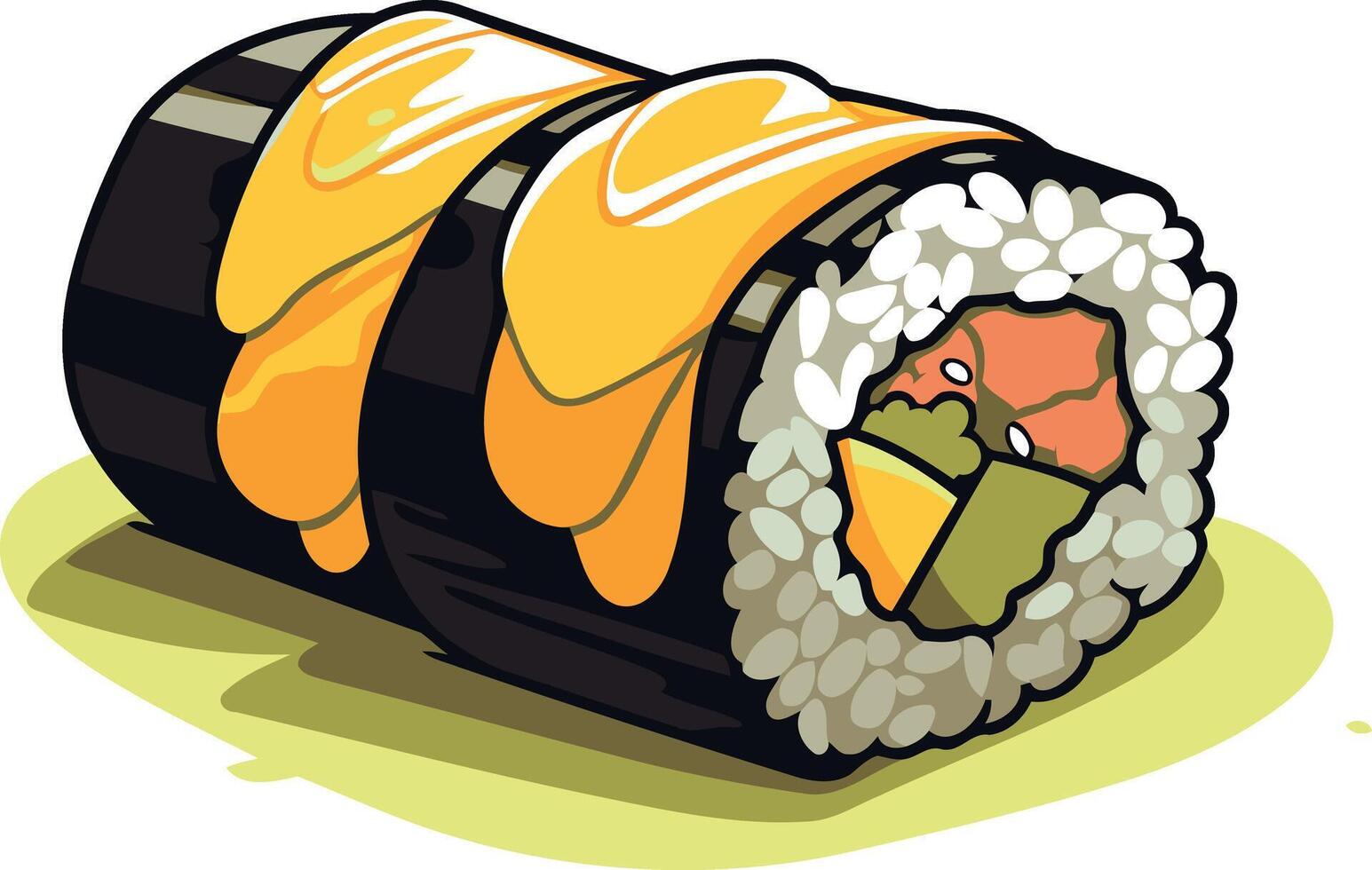 A vibrant cartoon illustration of a delicious sushi roll with a generous layer of melted cheese vector