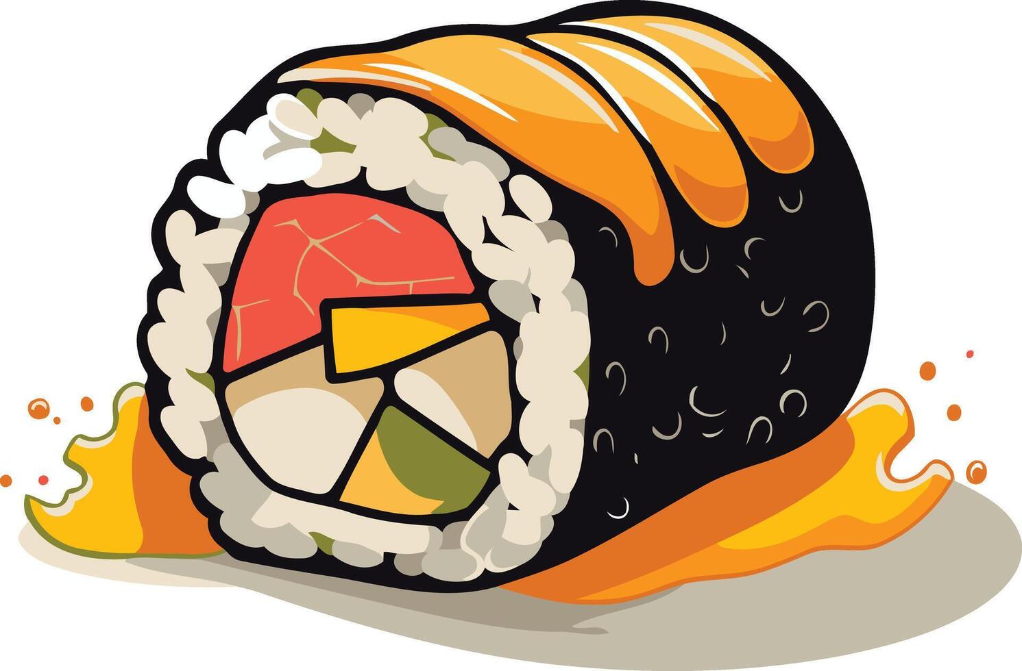 A vibrant illustration of a delicious sushi roll with a generous drizzle of sauce vector