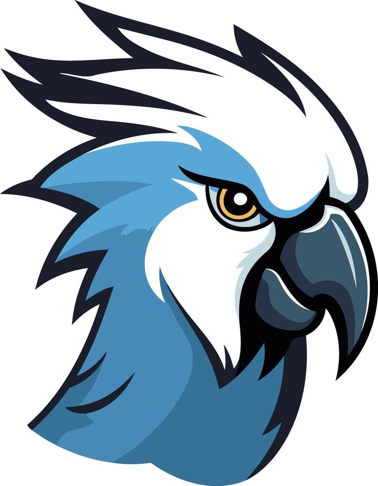 A bold and vibrant blue and white parrot head mascot design, perfect for a sports team, brand logo, or any project needing a strong and charismatic visual vector