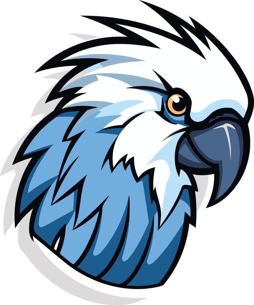 A bold and stylized illustration of a blue and white parrot head, perfect for logos, branding, or mascot designs vector