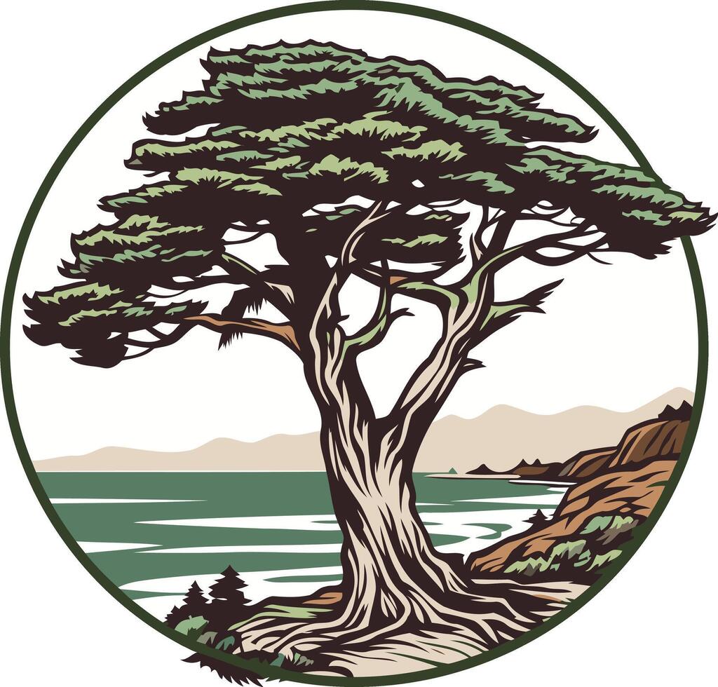 A stylized illustration of a lone tree on a coastal cliff, perfect for eco-conscious businesses or organizations vector
