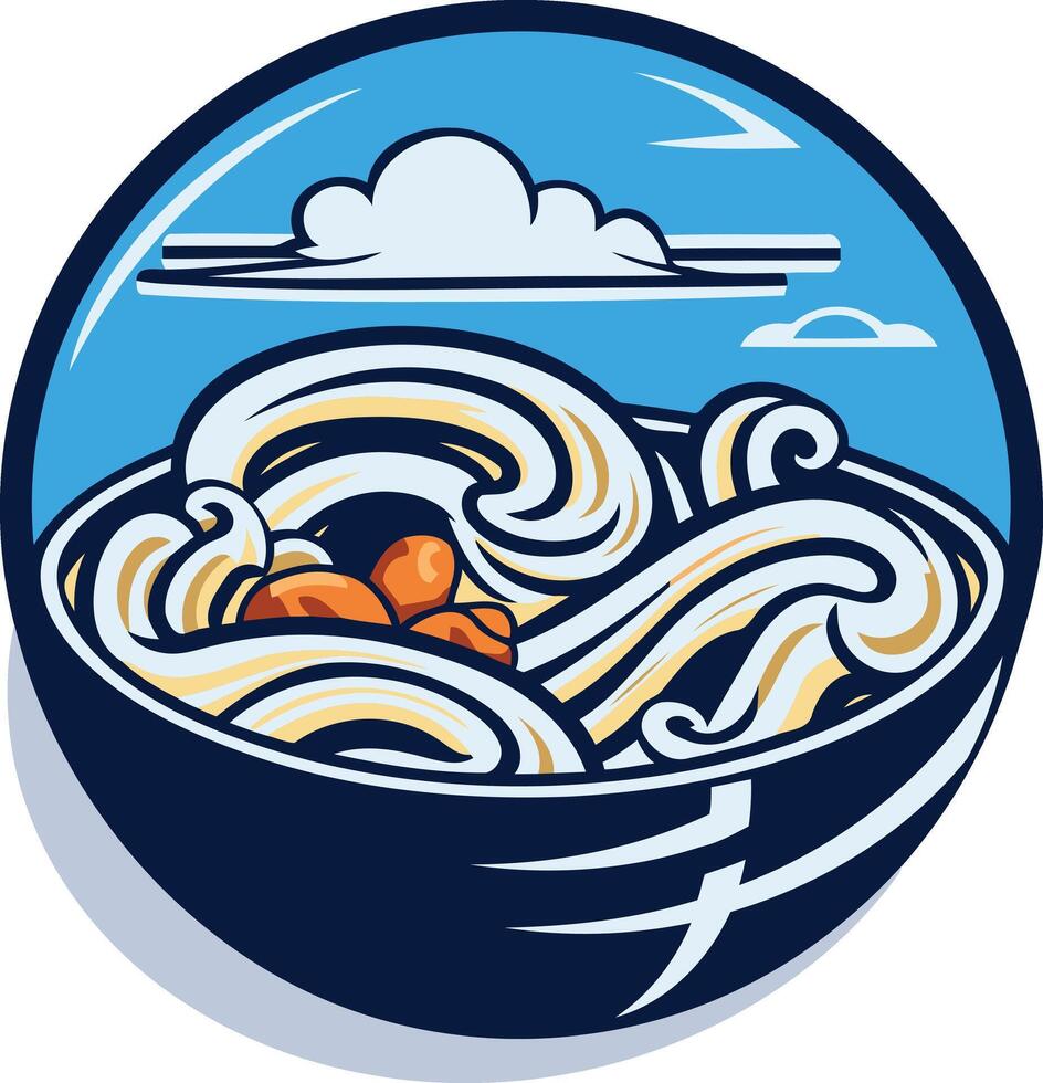 A vibrant and stylized logo depicting a bowl of ramen with waves and a cloud, perfect for restaurants, food businesses, or branding related to japanese cuisine vector