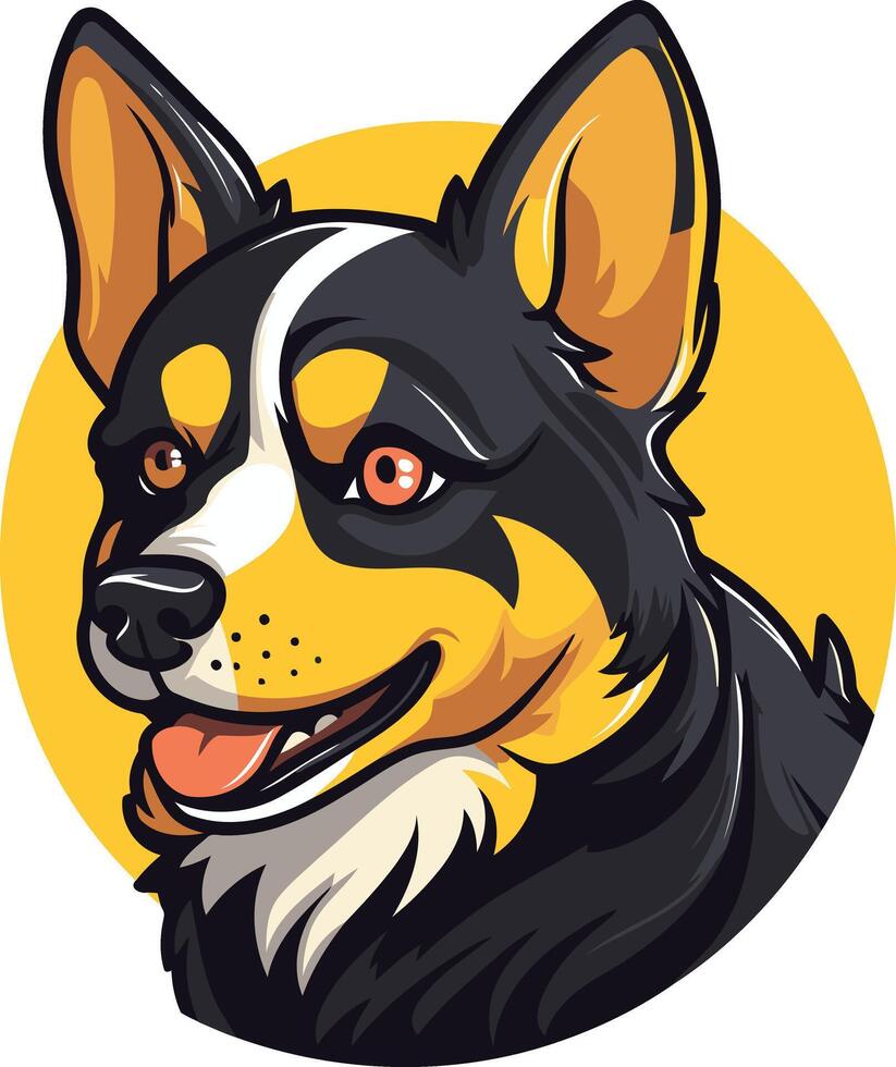 A cheerful cartoon illustration of a black and white corgi with orange accents, set against a bright yellow background vector