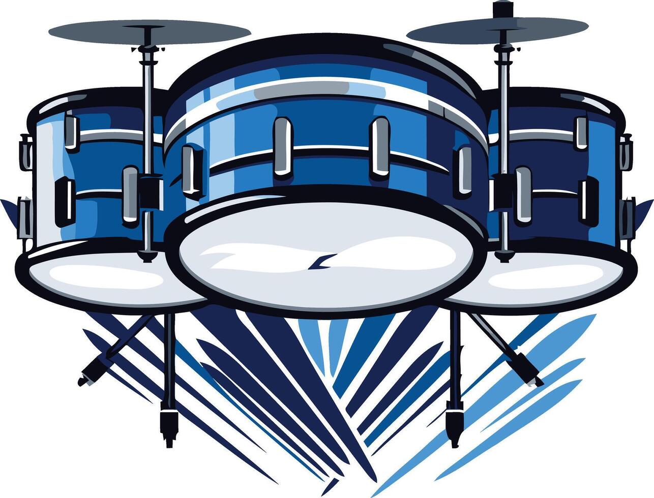 Dynamic and stylized illustration of a drum set with a blue and white color scheme, perfect for music, rock and roll, or band-related designs vector