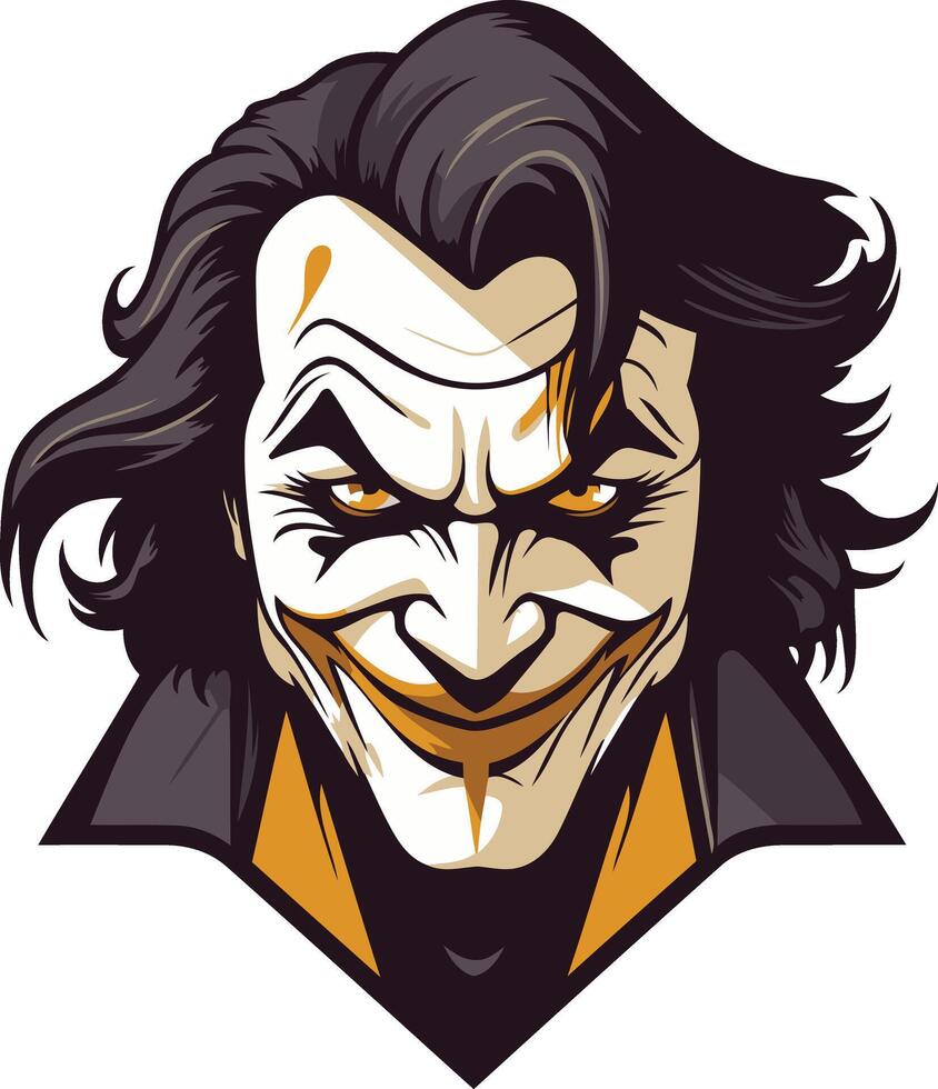 A menacing illustration of the joker, featuring his iconic grin and piercing eyes vector