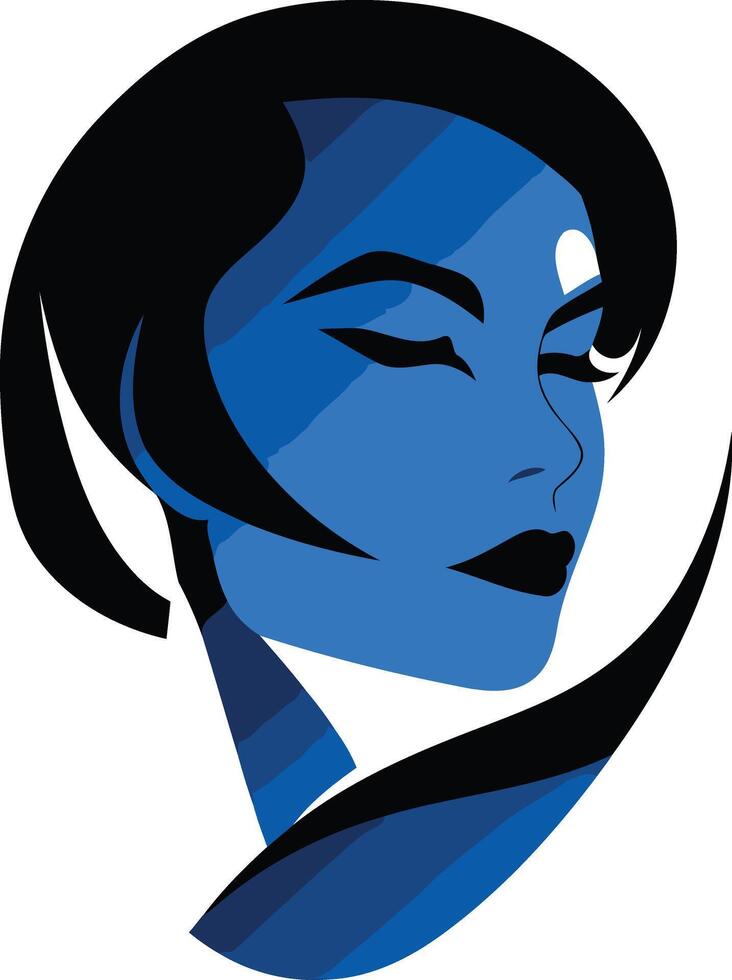 A striking minimalist logo featuring a woman's face in a blue and black color scheme vector
